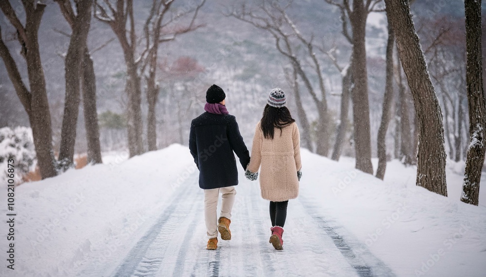 Naklejka premium 손을 잡고 눈이 내린 도시를 걷는 연인