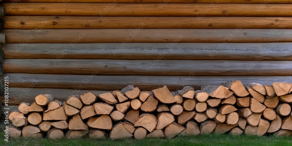 The wall of the log cabin is covered with stacked firewood, arranged in three neat rows The wall of the log cabin is covered with stacked firewood, arranged in three neat rows