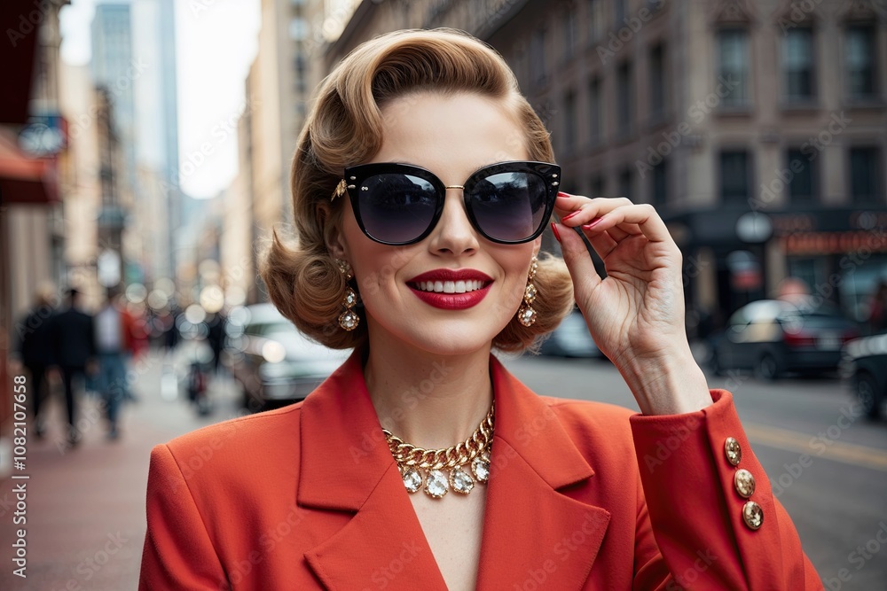 Charming Retro Aesthetic of a Stylish Woman in Trendy Sunglasses Celebrating 50s Nostalgia Charming Retro Aesthetic of a Stylish Woman in Trendy Sunglasses Celebrating 50s Nostalgia