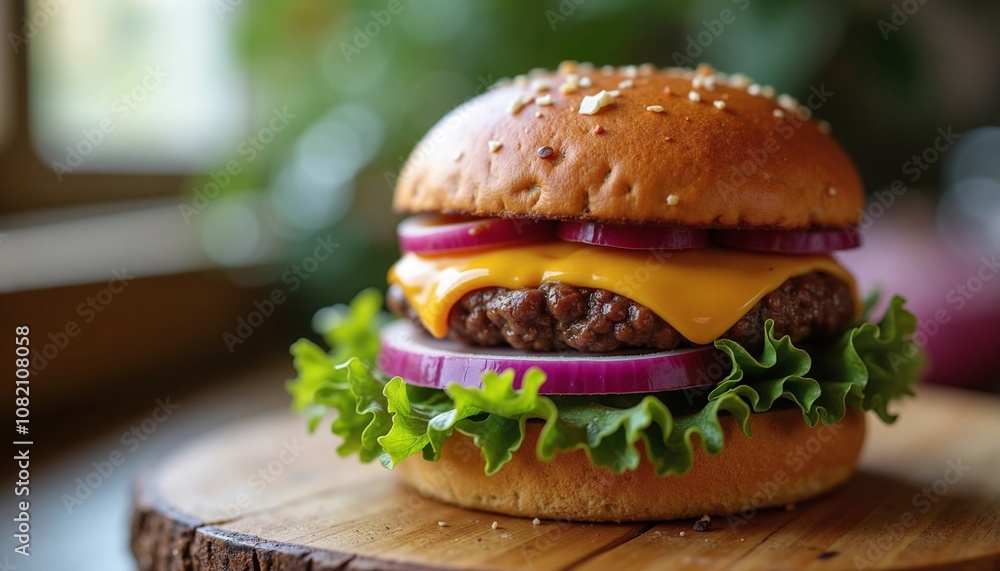 Juicy cheeseburger close-up for food blogs, restaurant menus, and fast food advertising campaigns - appetizing imagery for social media and culinary websites Juicy cheeseburger close-up for food blogs, restaurant menus, and fast food advertising campaigns - appetizing imagery for social media and culinary websites