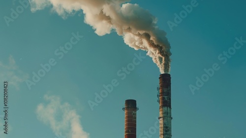 Two smoke stacks emitting from the top of a building, industrial scene photo