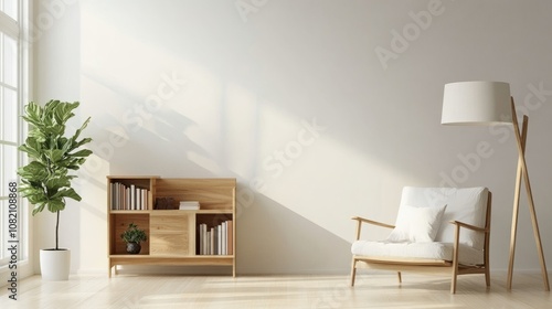 Bright and airy living room with a minimalist vibe, featuring a sleek wooden bookcase and floor lamp.