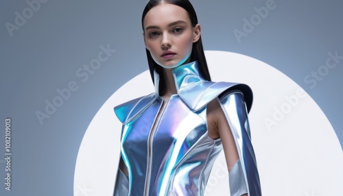 A futuristic fashion line using innovative fabrics, such as holographic materials and LED elements photo