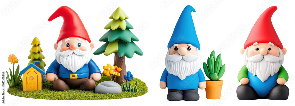 Gnomes enjoying nature garden 3d art vibrant environment close-up whimsical scene Gnomes enjoying nature garden 3d art vibrant environment close-up whimsical scene