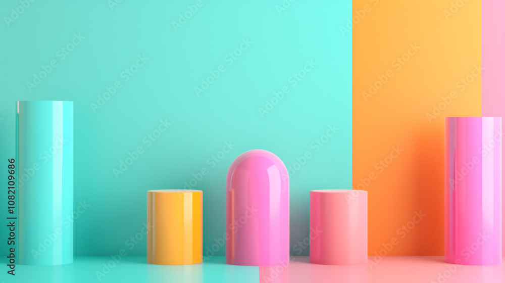 Striking 3D Histogram with Copy Space: A minimalist scene featuring a 3D histogram composed of geometric shapes in a Memphis-inspired style. The contrasting colors and playful patterns create a