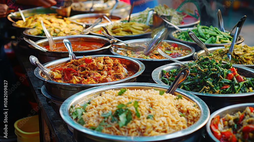 Fototapeta premium Traditional Thai Cuisine: A Colorful Array of Aromatic Dishes and Spices Showcasing the Rich Flavors of Southeast Asia at a Bustling Market Scene