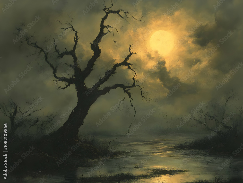 Illustration of Gloomy Swamp, Moonlit Night Illustration of Gloomy Swamp, Moonlit Night