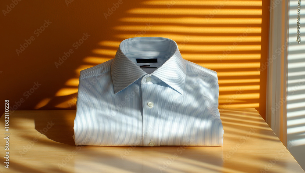 White men's dress shirt, folded on a table in front of a window with sun rays and shadows White men's dress shirt, folded on a table in front of a window with sun rays and shadows