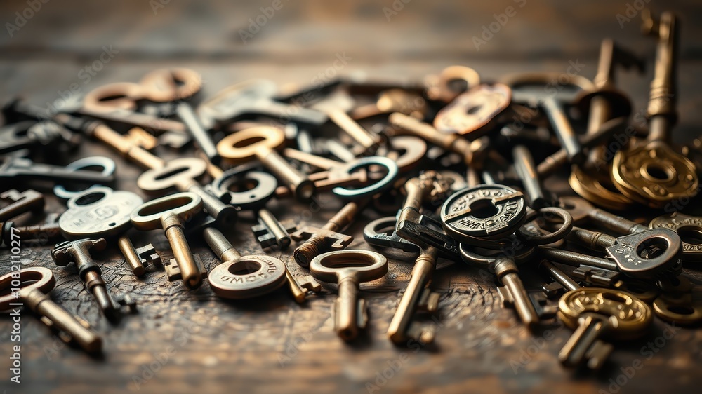 A chaotic scattering of antique keys, each with its own unique design and story, rests upon a weathered wooden surface, casting shadows that hint at a past filled with secrets and mysteries. A chaotic scattering of antique keys, each with its own unique design and story, rests upon a weathered wooden surface, casting shadows that hint at a past filled with secrets and mysteries.