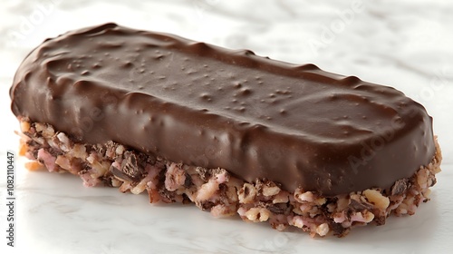 A chocolate-covered candy bar with a pink and brown nougat and nut center, on a white marble surface.