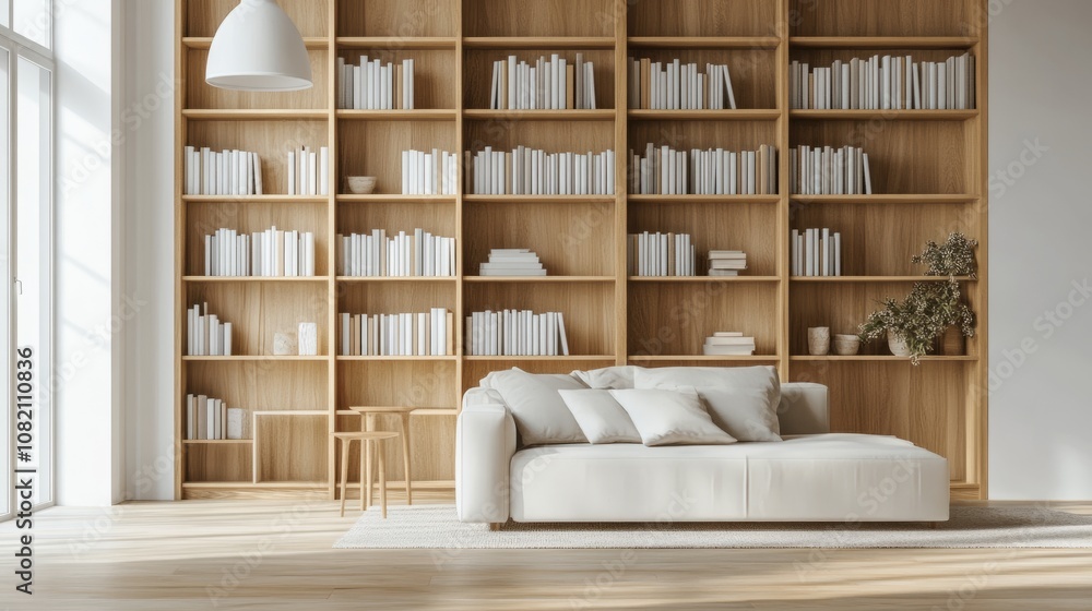 Elegant minimalist living room with a wooden bookcase built into the wall and soft neutral-toned furnishings. Elegant minimalist living room with a wooden bookcase built into the wall and soft neutral-toned furnishings.