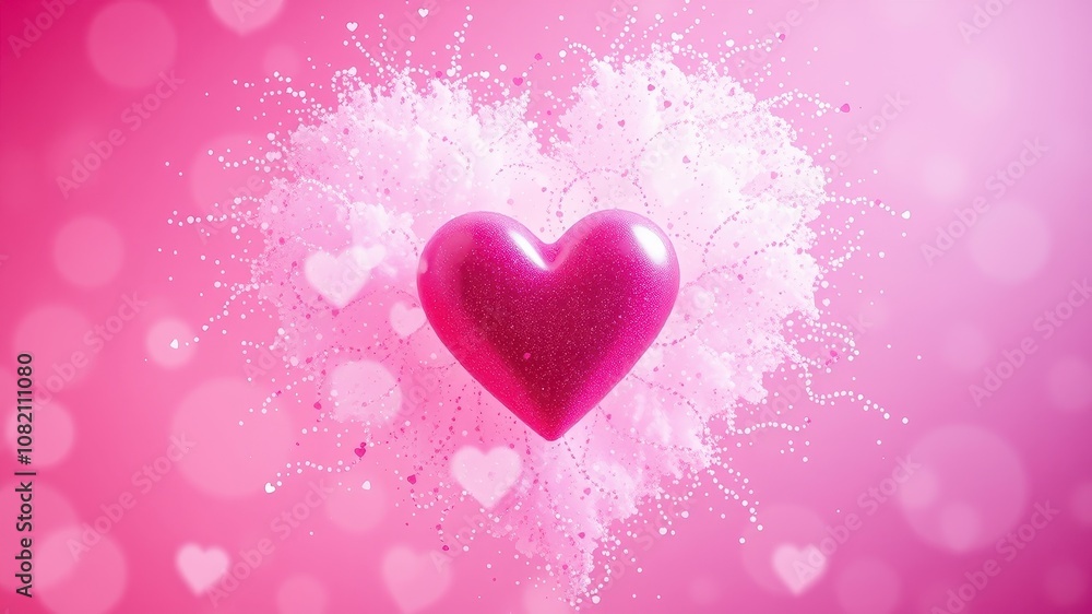 A Shiny Pink Heart Embraces a Whimsical Burst of Love in a Soft Pink Background A Shiny Pink Heart Embraces a Whimsical Burst of Love in a Soft Pink Background