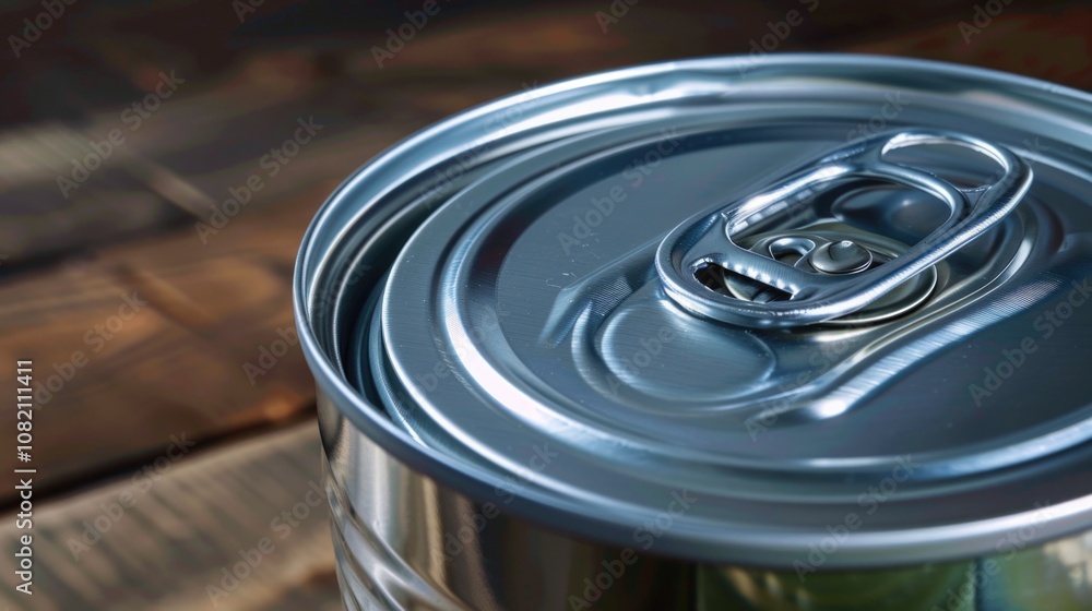 A close-up view of a metal can sitting on a wooden table A close-up view of a metal can sitting on a wooden table