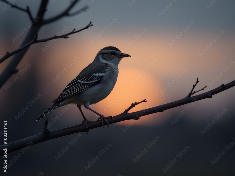 Serene Sunset Bird Silhouette: Grey Bird on Branch, Tranquil Nature Dusk, Peaceful Wildlife Image, Soft Orange Glow Serene Sunset Bird Silhouette: Grey Bird on Branch, Tranquil Nature Dusk, Peaceful Wildlife Image, Soft Orange Glow