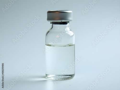 Sterile Glass Vial with Silver Cap, Medical Liquid, Pharmaceutical Product, Lab Science, Clean Minimalist Background, Scientific Research, Transparent Bottle