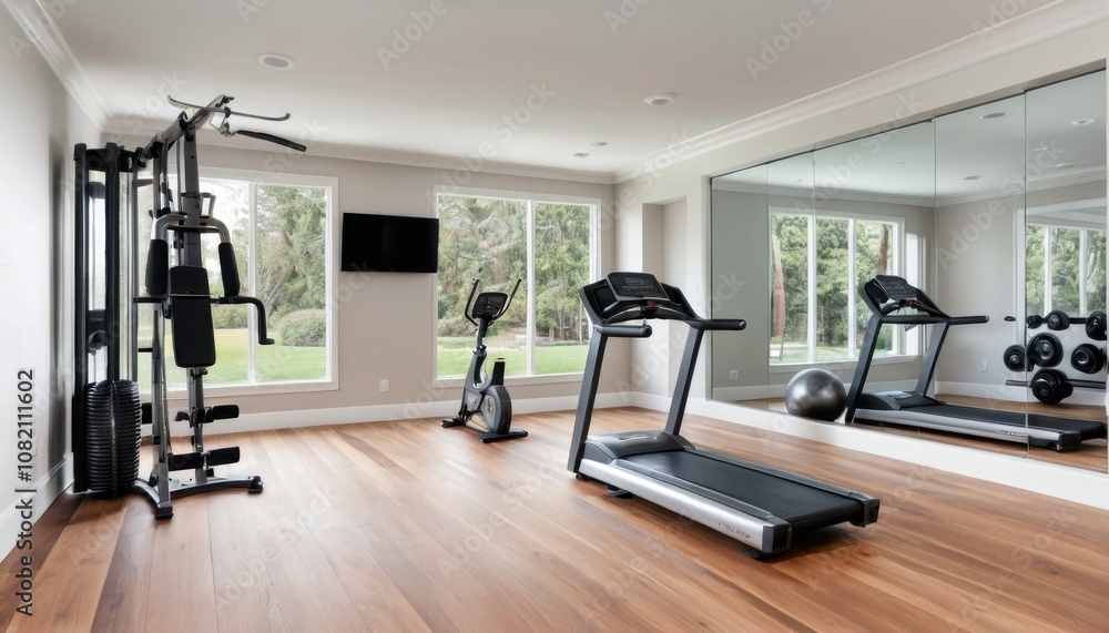 A home gym with wooden floors, sleek workout equipment, and a spacious design A home gym with wooden floors, sleek workout equipment, and a spacious design