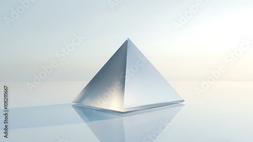A silver pyramid stands on a reflective surface against a white background.