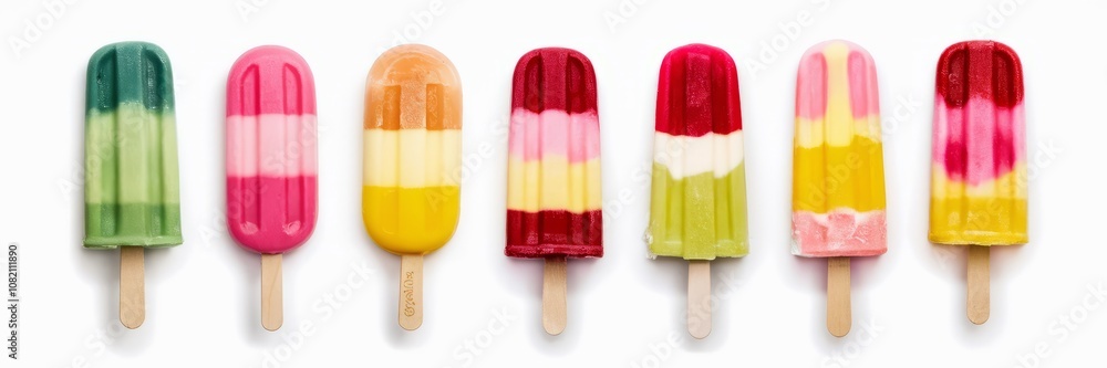 Cool Treats: A vibrant collection of multicolored ice pops, arranged in a row, embodies refreshing summer indulgence. Cool Treats: A vibrant collection of multicolored ice pops, arranged in a row, embodies refreshing summer indulgence.