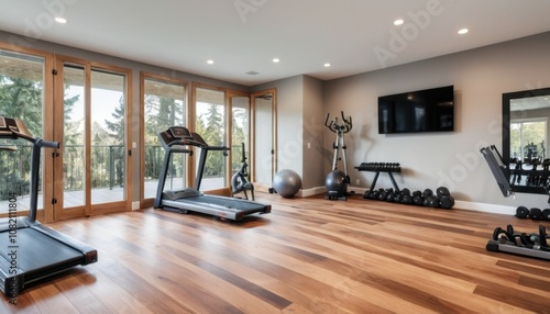 A home gym with wooden floors, sleek workout equipment, and a spacious design