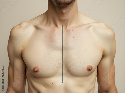 Male Torso Anatomy Diagram, Close-up, Beige Background, Natural Skin Texture, Body Hair, Musculature, Medical, Scientific, Vulnerable, Raw, Objective
