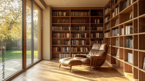 Minimalist living room design with a tall wooden bookcase and a comfortable lounge chair in natural tones