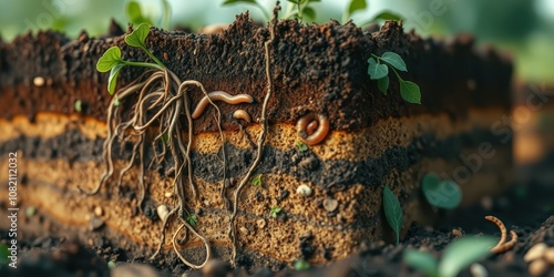 A close-up view of a cross-section of soil revealing its layered structure, with delicate plant roots intertwined and earthworms traversing the different textures