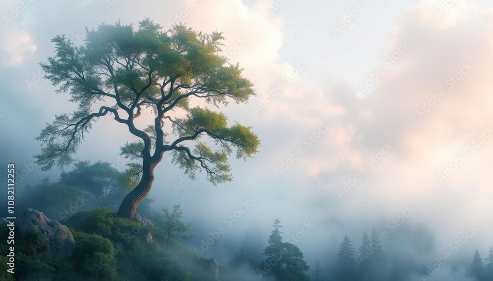 Fototapeta premium a lone tree on a mountain with fog in the air