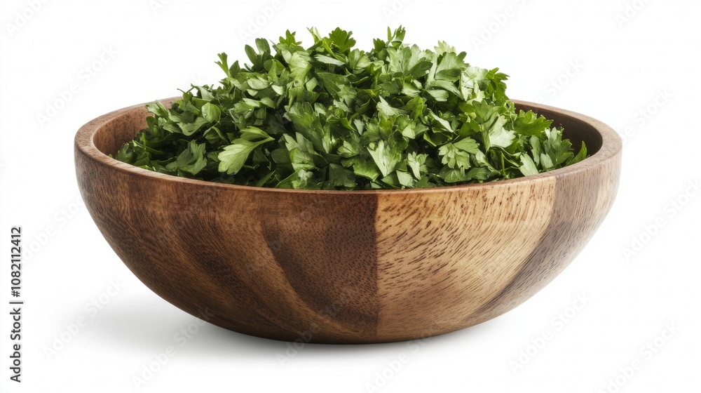 A bowl made of wood filled with chopped parsley leaves, set against a white background. A bowl made of wood filled with chopped parsley leaves, set against a white background.