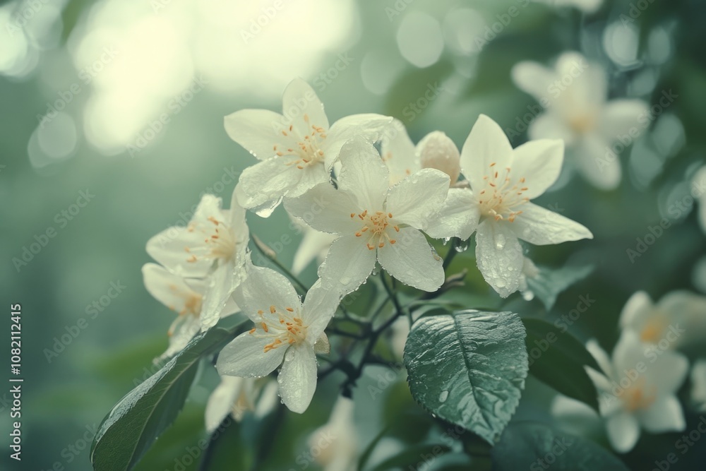 Obraz premium A bouquet of white flowers surrounded by green leaves