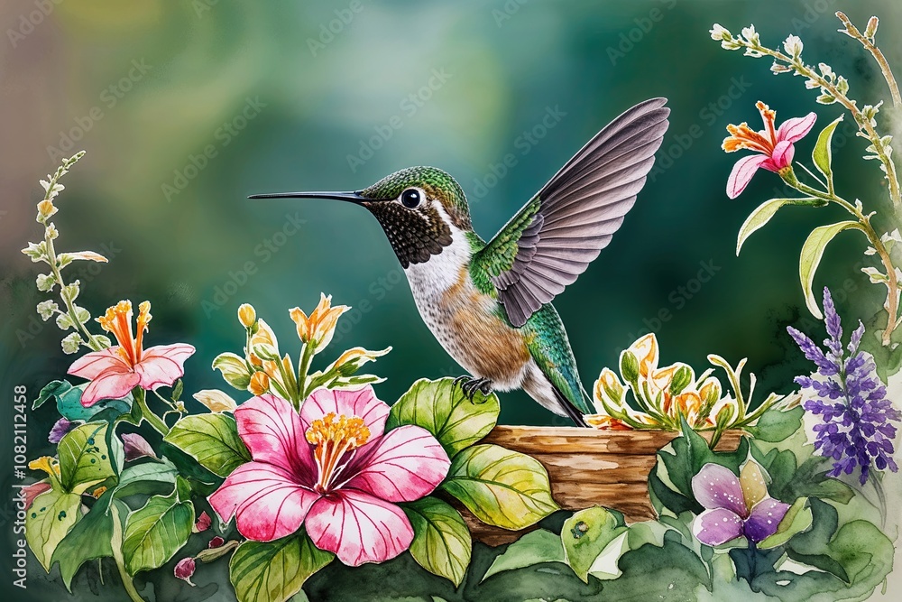 Fototapeta premium Dreamy Watercolor Hummingbird Nestled in Garden Flora and Nature