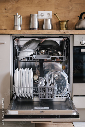 Modern kitchen with a dishwasher full of clean plates and utensils.