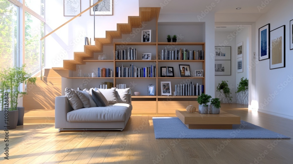 Minimalist living room with an open wooden bookcase displaying books, vases, and framed photos in a harmonious layout Minimalist living room with an open wooden bookcase displaying books, vases, and framed photos in a harmonious layout