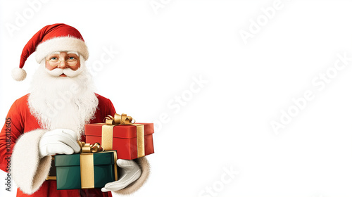 Santa Claus holding gifts with joyful expression on white background