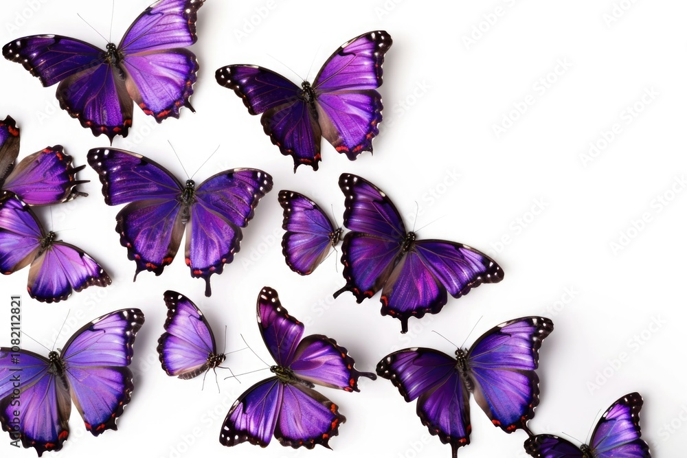 Obraz premium A cluster of purple butterflies sit on a white surface, their wings spread out in different directions