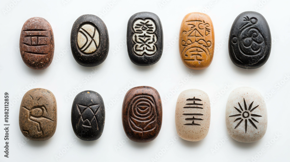 A Minimalist Display of Various Carved Lucky Stones Aligned in a Neat Arrangement Showcasing Unique Symbols and Designs on a Neutral Background A Minimalist Display of Various Carved Lucky Stones Aligned in a Neat Arrangement Showcasing Unique Symbols and Designs on a Neutral Background