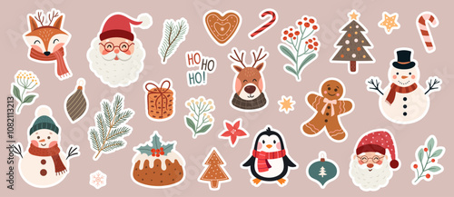 Christmas sticker set with cute characters and plants