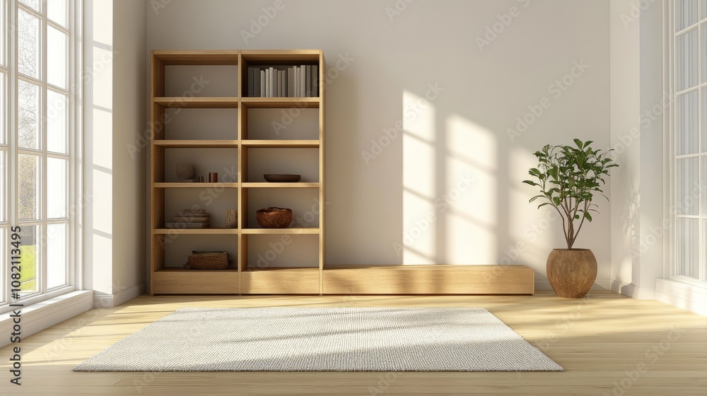 Fototapeta premium Modern living room with a clean minimalist design, featuring a tall wooden bookcase and a soft area rug.