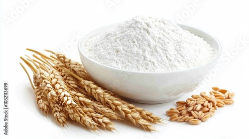 A bowl of wheat flour with some wheat stalks beside it.