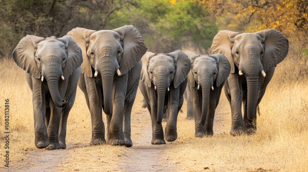 Fototapeta premium Five African Elephants Walking on a Dirt Path