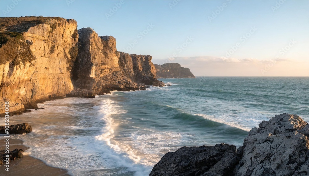 Rocky Coastal Cliffs Towering Over the Turquoise Sea, With Waves Crashing Against the Shore and a Clear Blue Sky Stretching to the Horizon in the Distance Rocky Coastal Cliffs Towering Over the Turquoise Sea, With Waves Crashing Against the Shore and a Clear Blue Sky Stretching to the Horizon in the Distance
