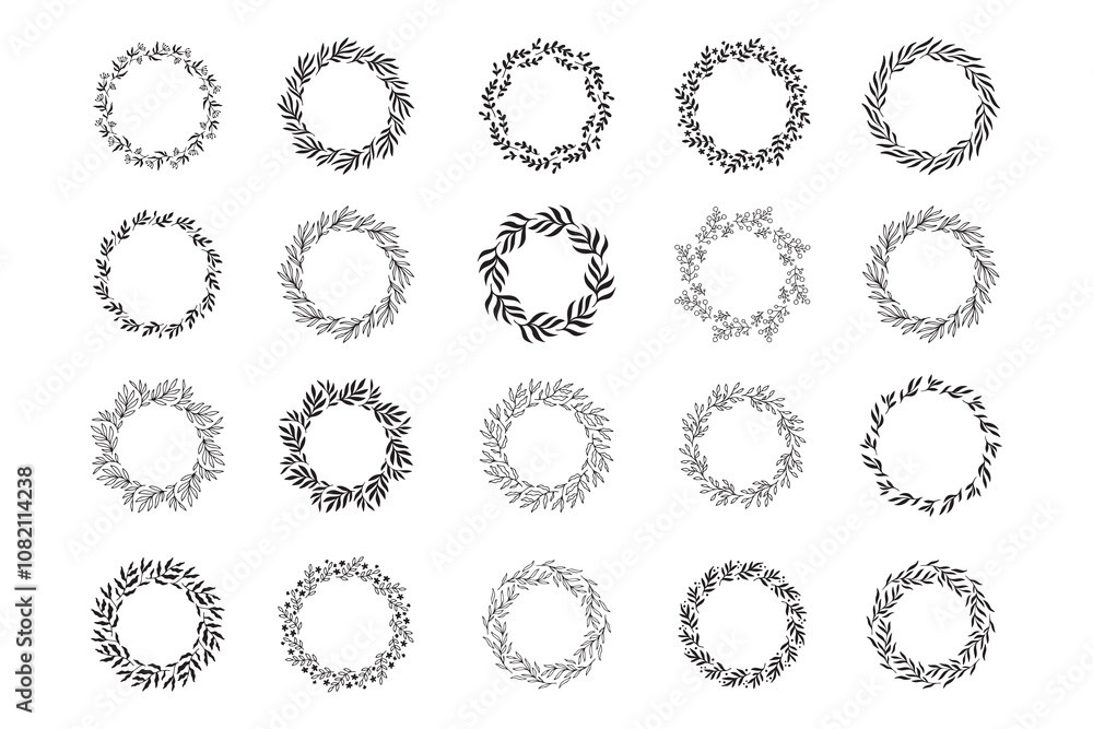 Set of hand drawn round spring wreaths isolated. Collection doodle floral frames. Silhouette circle of leaves. Set of hand drawn round spring wreaths isolated. Collection doodle floral frames. Silhouette circle of leaves.