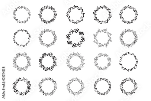 Set of hand drawn round spring wreaths isolated. Collection doodle floral frames. Silhouette circle of leaves.