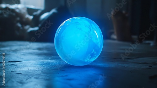 A bright blue bubble floats in a dark room. It glows with an inner light.