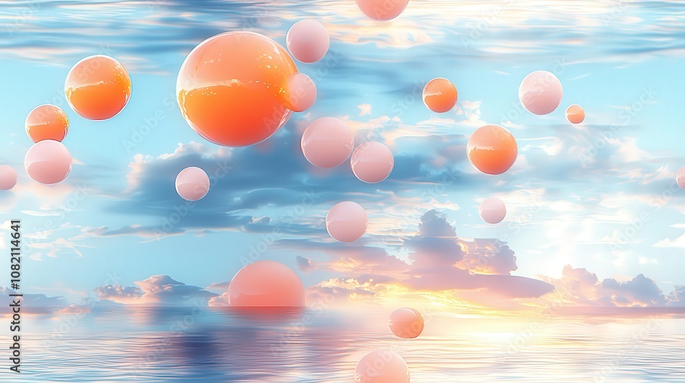 Fototapeta premium Surreal floating bubbles in a dreamy, colorful sky at sunset