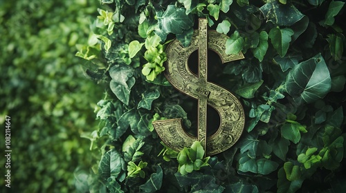 Dollar sign covered with green plants against green background