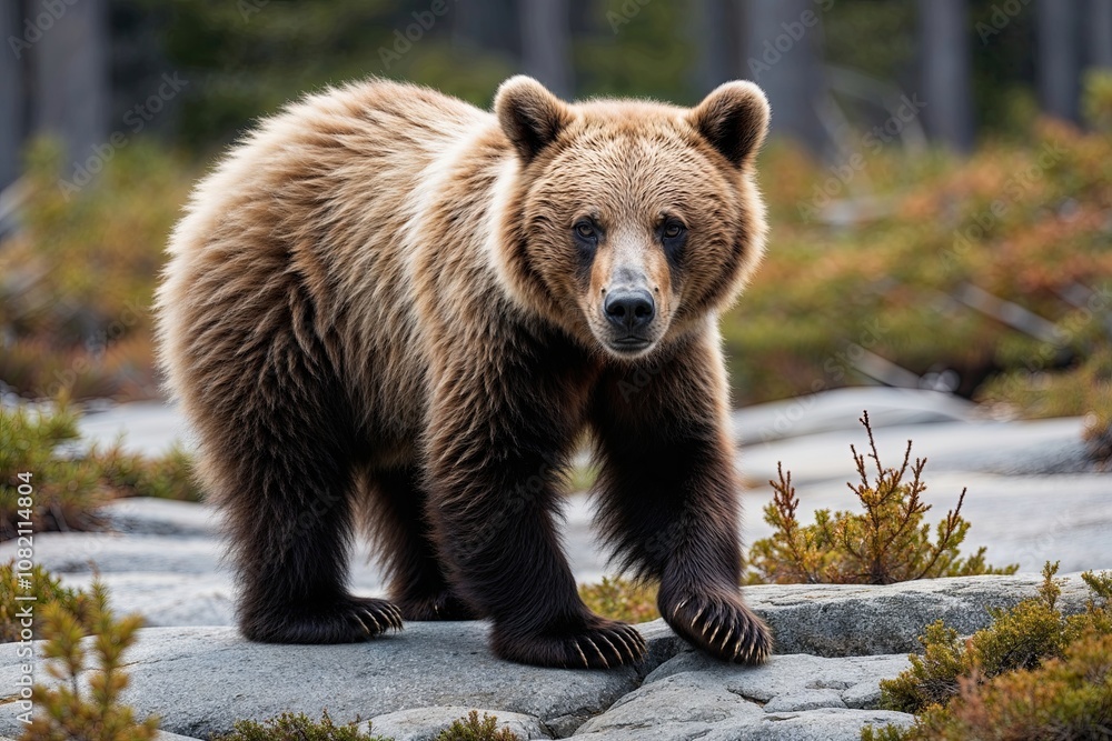 Fototapeta premium Bear Cub Exploring in Wilderness - Playful Baby Animal in North America