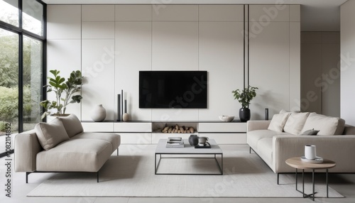 A minimalist living room with clean lines, neutral tones, and sleek, modern furniture 