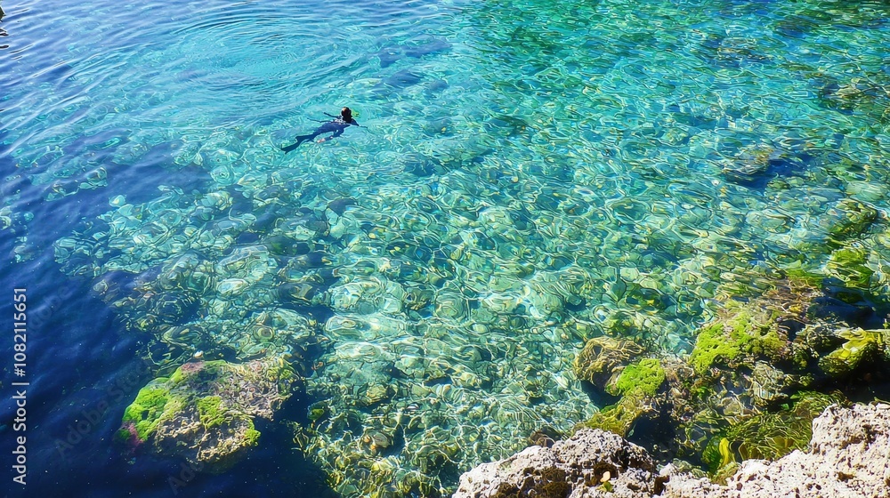 Obraz premium Snorkeling adventure in crystal clear waters tropical destination travel photography vibrant marine life aerial perspective underwater exploration