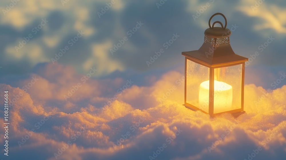 Warm Candle Lantern Illuminates Soft Snowy Landscape at Dusk, Creating a Magical Atmosphere of Tranquility and Peacefulness in Winter Season Warm Candle Lantern Illuminates Soft Snowy Landscape at Dusk, Creating a Magical Atmosphere of Tranquility and Peacefulness in Winter Season