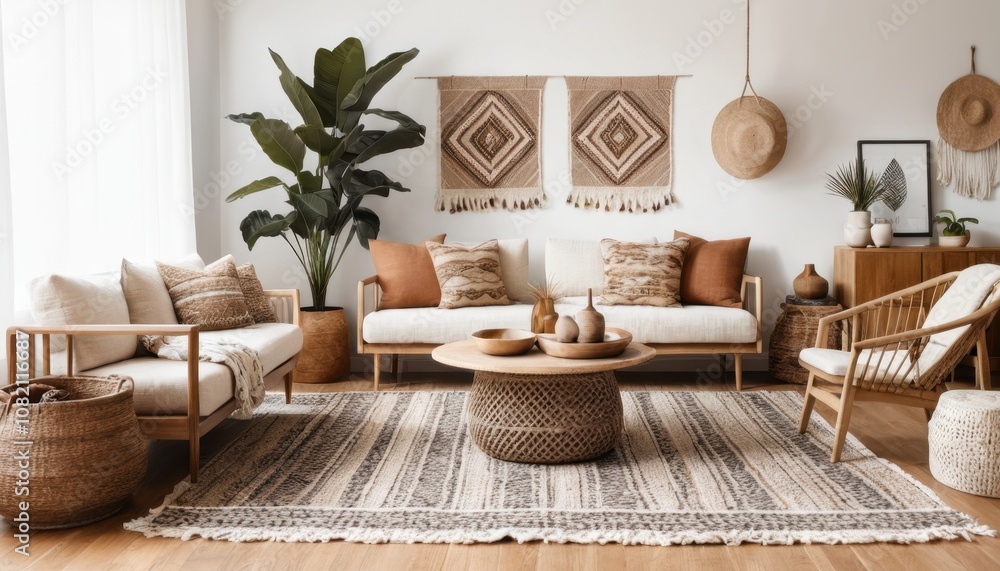 A modern boho-chic living room with woven textiles, neutral furniture, and earthy tones A modern boho-chic living room with woven textiles, neutral furniture, and earthy tones